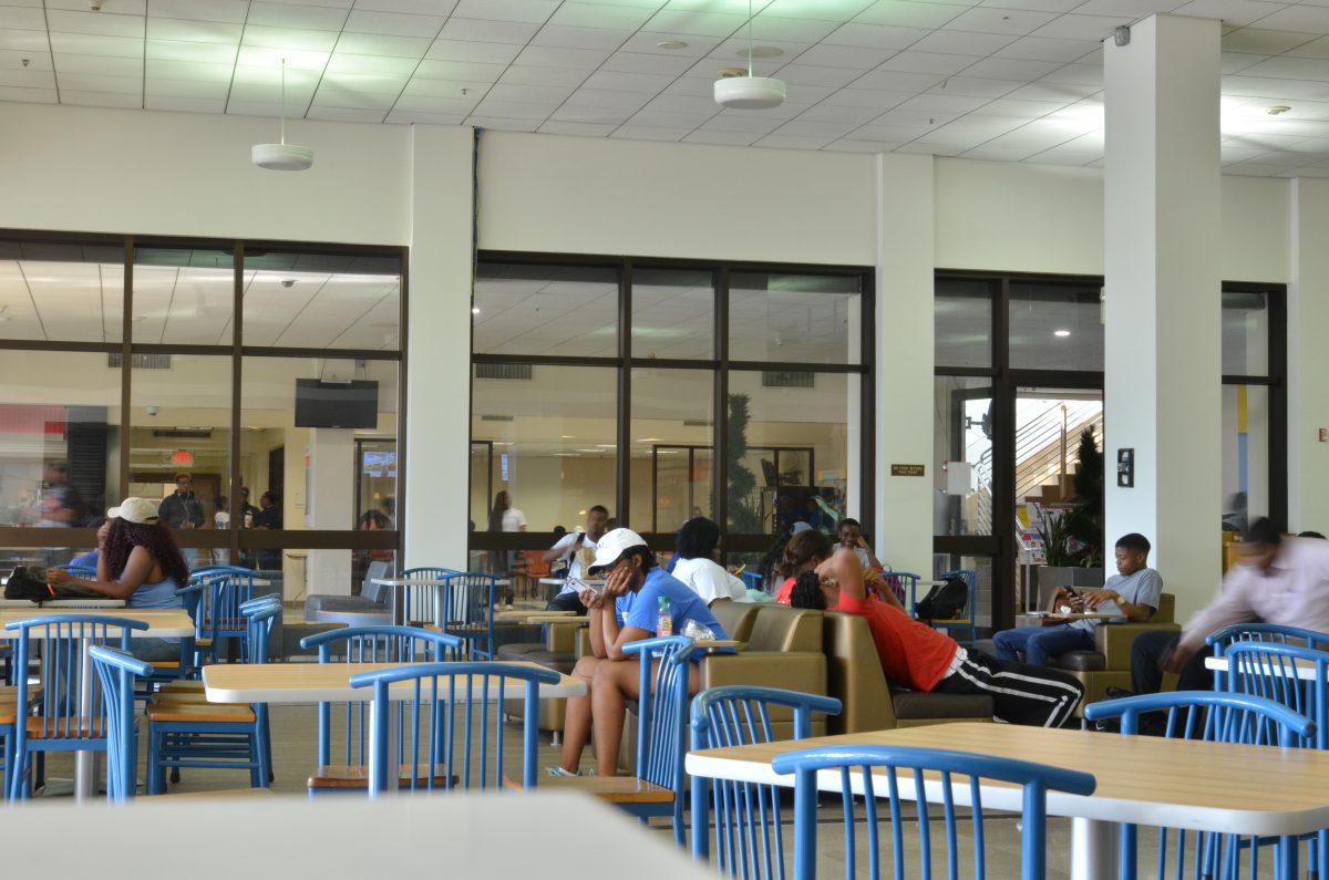 Students relaxing in the newly created lounge located in the Smith-Brown Memorial Union Food Court.