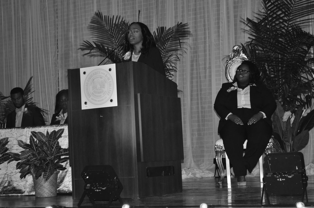 Student Government Association President Zana Harris delivering her state of SGA address in the event center on september 14.&#160;