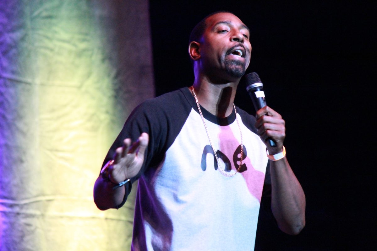 Kevin Tate performs his set at the comdedy show for 2016 Homecoming at the minidome