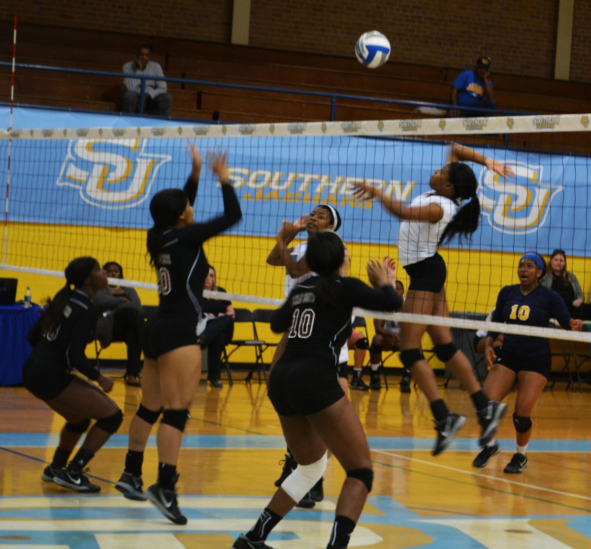 Sophmore middle blocker/ right side Paige Hall prepares to spike the ball against the Texas Southern Tigers on Friday, November 11, in Seymour Gym.