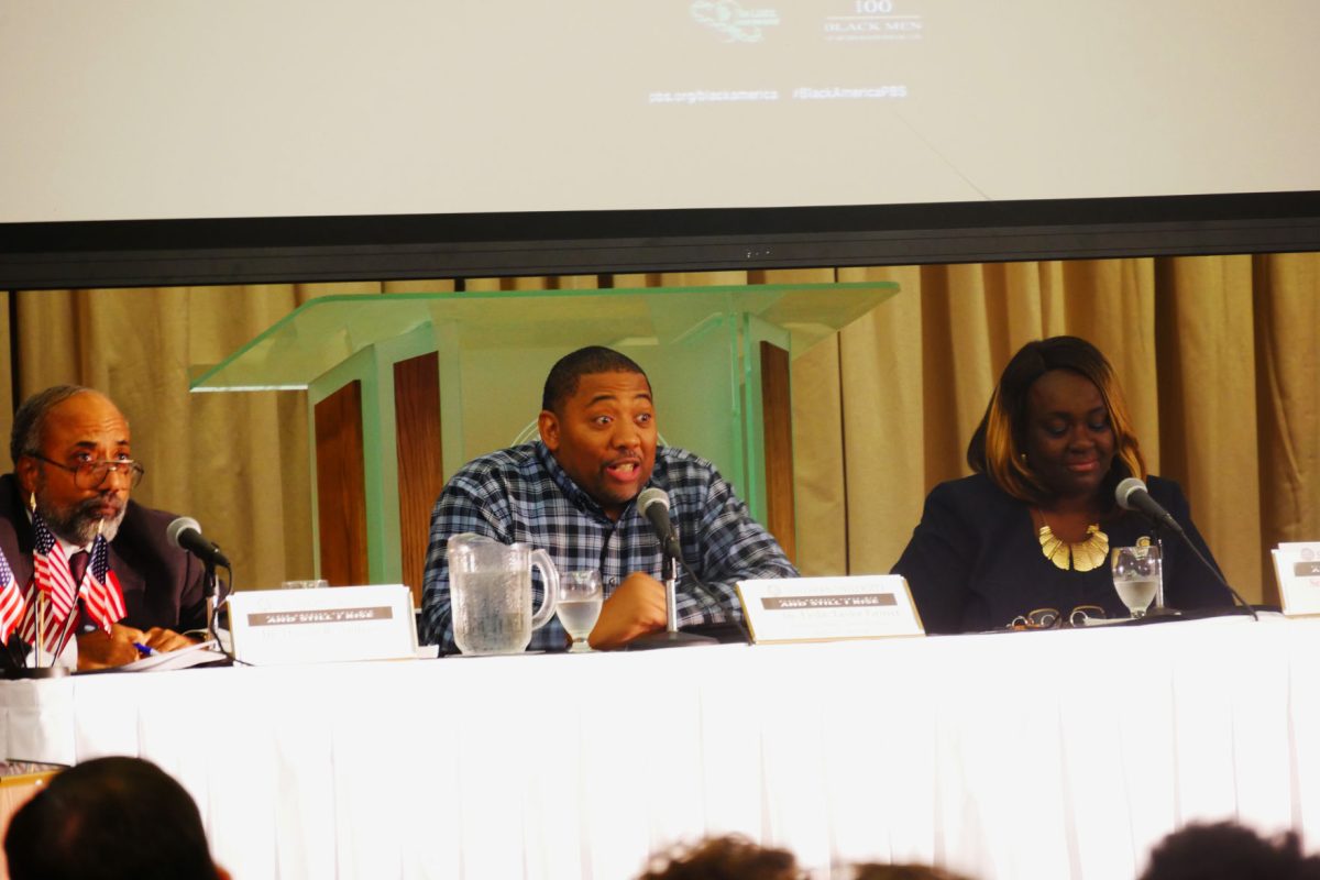 SU Director of Alumni Affairs, Dr. Robyn Merrick, SU College of Business Dean, Dr. Donald R. Andrews, and LA Senate District 14, Senator Regina Barrow sit on Discussion panel held during the &#8220;Black America Since MLK&#8221; screening.