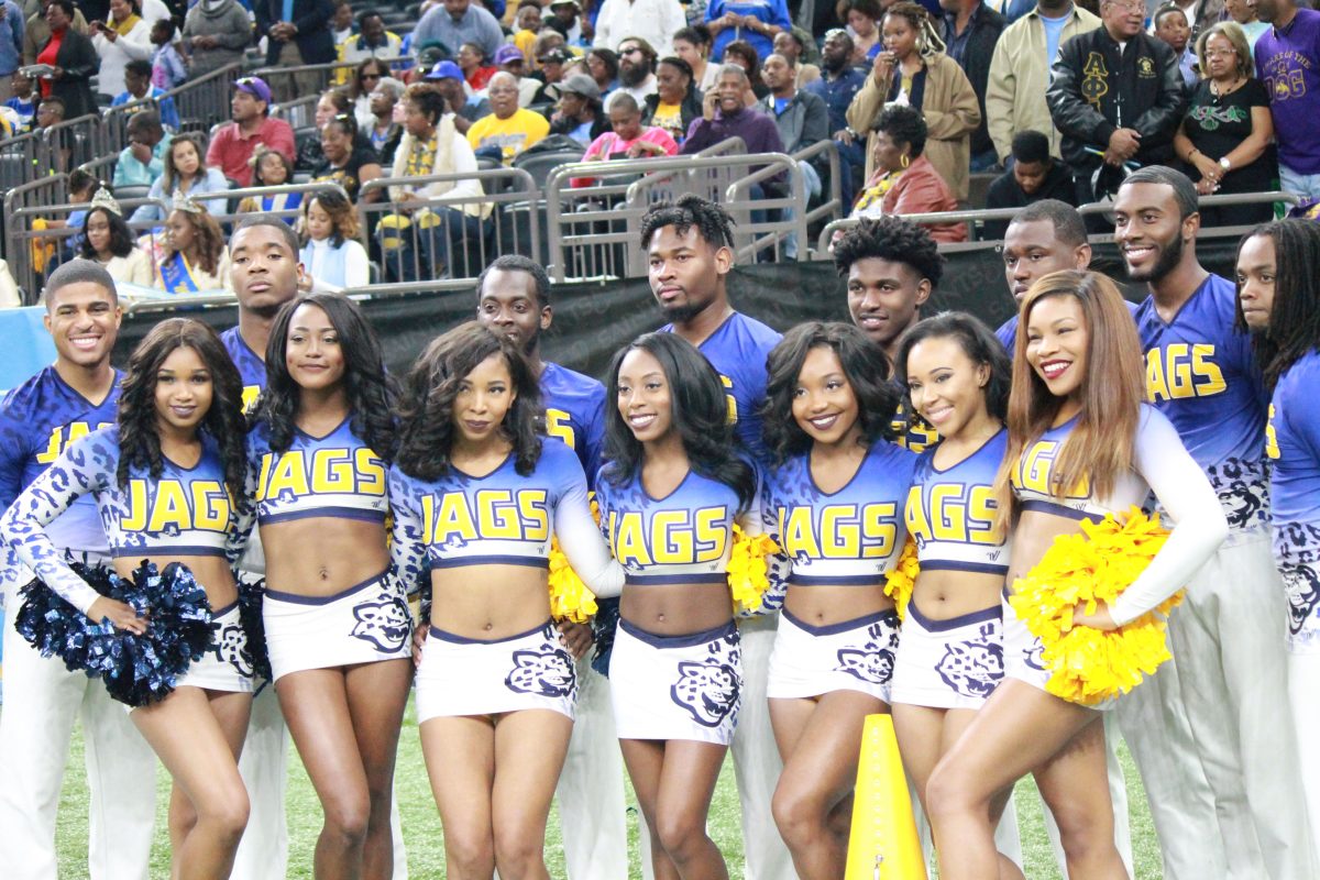 SU Cheer squad poses for a quick snap during the 43rd Annual Bayou Class held on Saturday, November 26 in the Mercedes-Benz Superdome .