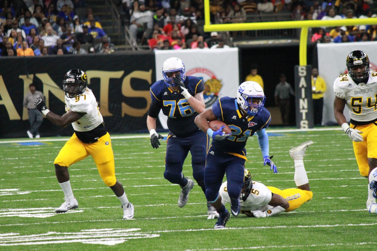 Senior runing back Lenard Tillery blazes pass the Grambling secondary for&#160; an 85 yard rushing Jaguar Touchdown. TIllery finished with 234 rushing yards.