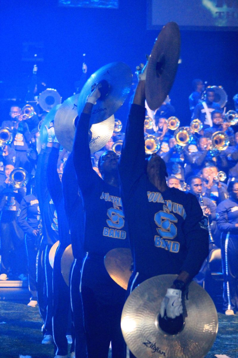 The Human Jukebox Media cymbals off their twirls during the &#8220;Battle of the Bands&#8221; competition on Friday, November 25 in the Mercedes-Benz Superdome.