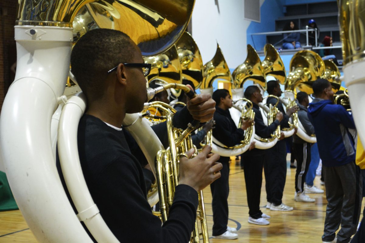 The Southern University Human Jukebox tubas play "Neck" during the Bayou Classic Pep Rally on Monday, November 21, in the University Event Center.