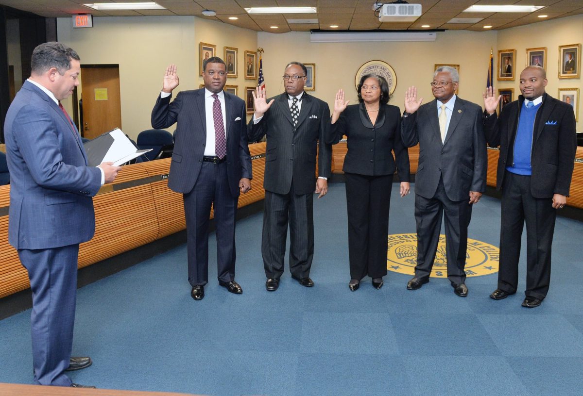 Taking the oath of office for the Southern University Board of Supervisors during the January 6, 2017, SU Board meeting in Baton Rouge, were two newly appointed members and three reappointed members. Pictured (left to right): Domoine D. Rutledge (newly appointed), Rev. Samuel C. Tolbert Jr. (reappointed), Chairwoman Ann A. Smith (reappointed), Leroy Davis (newly appointed), and Richard Hilliard (reappointed). SU Board of Supervisors general counsel Winston Decuir Jr. administered the oath of office.