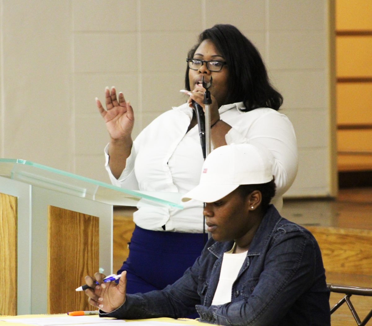 <p>SGA Vice President Breanna Perkins thanking the students in attendance for coming out to the first Senate meeting of 2017 held in the Cotillion Ballroom on Thursday, Jan 12th.</p>