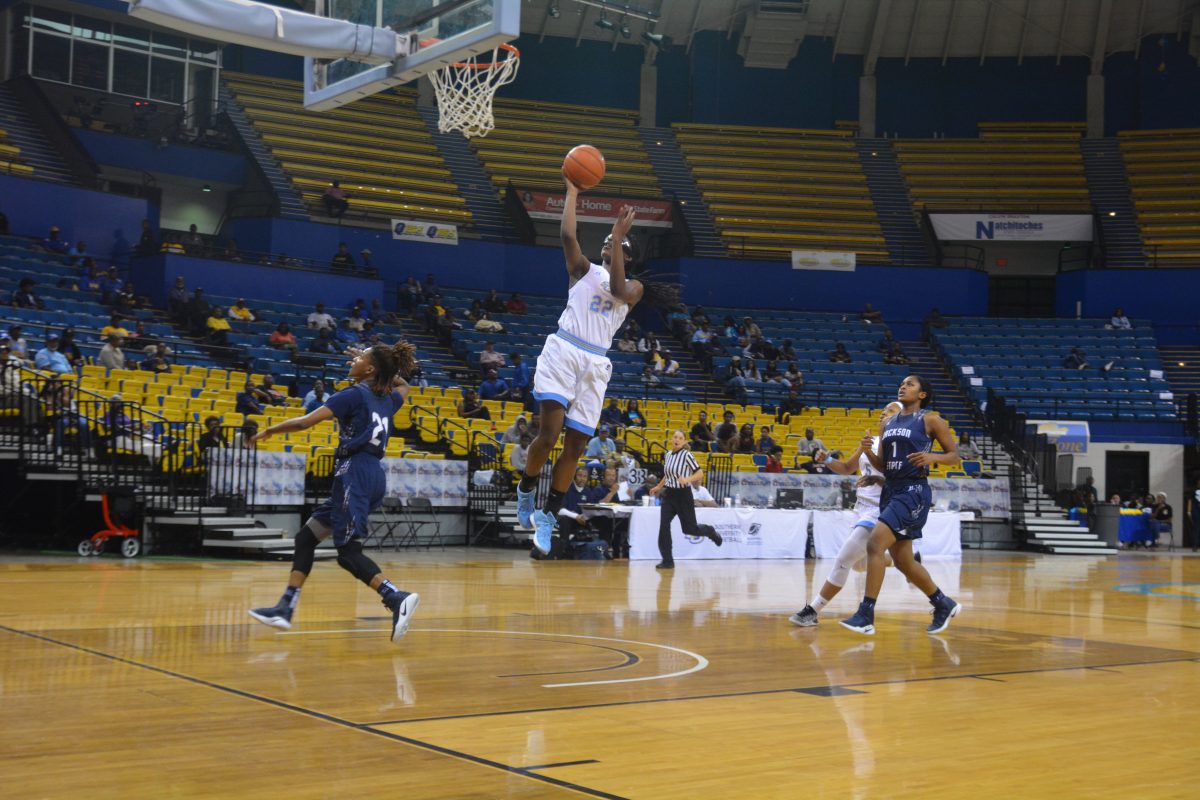 <p><span>Junior forward Briana Green soars above two tiger defenders as she lays up the basket during the Jaguars inner conference matchup vs. Jackson State on Monday, February 6. in the F.G. Clark Activity Center. Green led all scorers with 31 points.</span></p><p><span> </span></p>