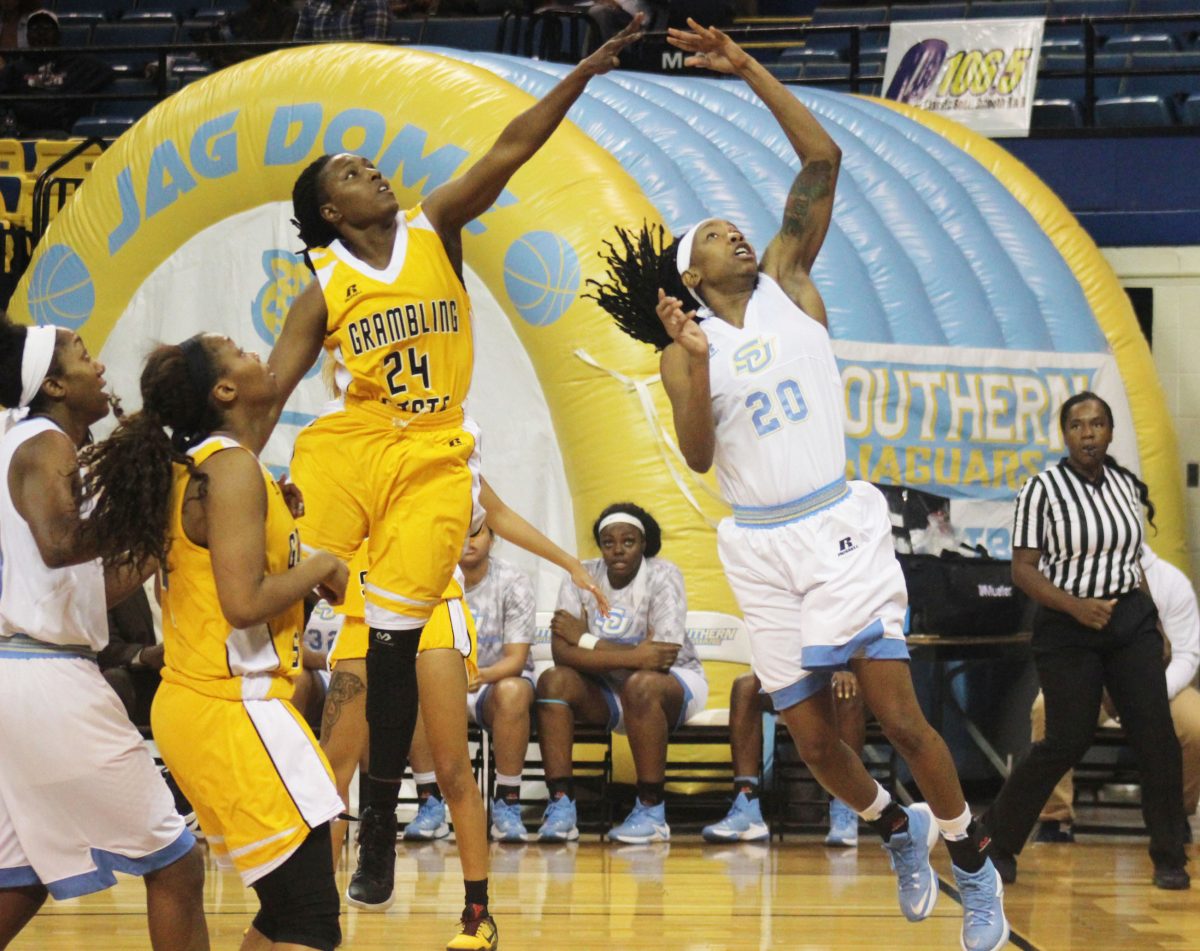 Senior guard Kadesha Barry goes for the lay up during the Southern University vs, Grambling State basketball game on Saturday, February 4th, in the F.G Clark Activity Center.