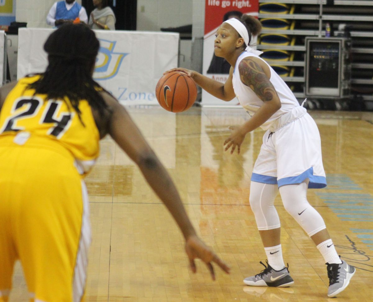 Sophomore Guard, Danayea Charles reads the defense during the Southern University vs. Grambling State basketball game on Saturday, February 4, in the F.G Clark Activity Center.
&#160;