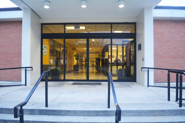 The newly installed automatic doors at the entrace of the Smith-Brown Memorial Student Union.