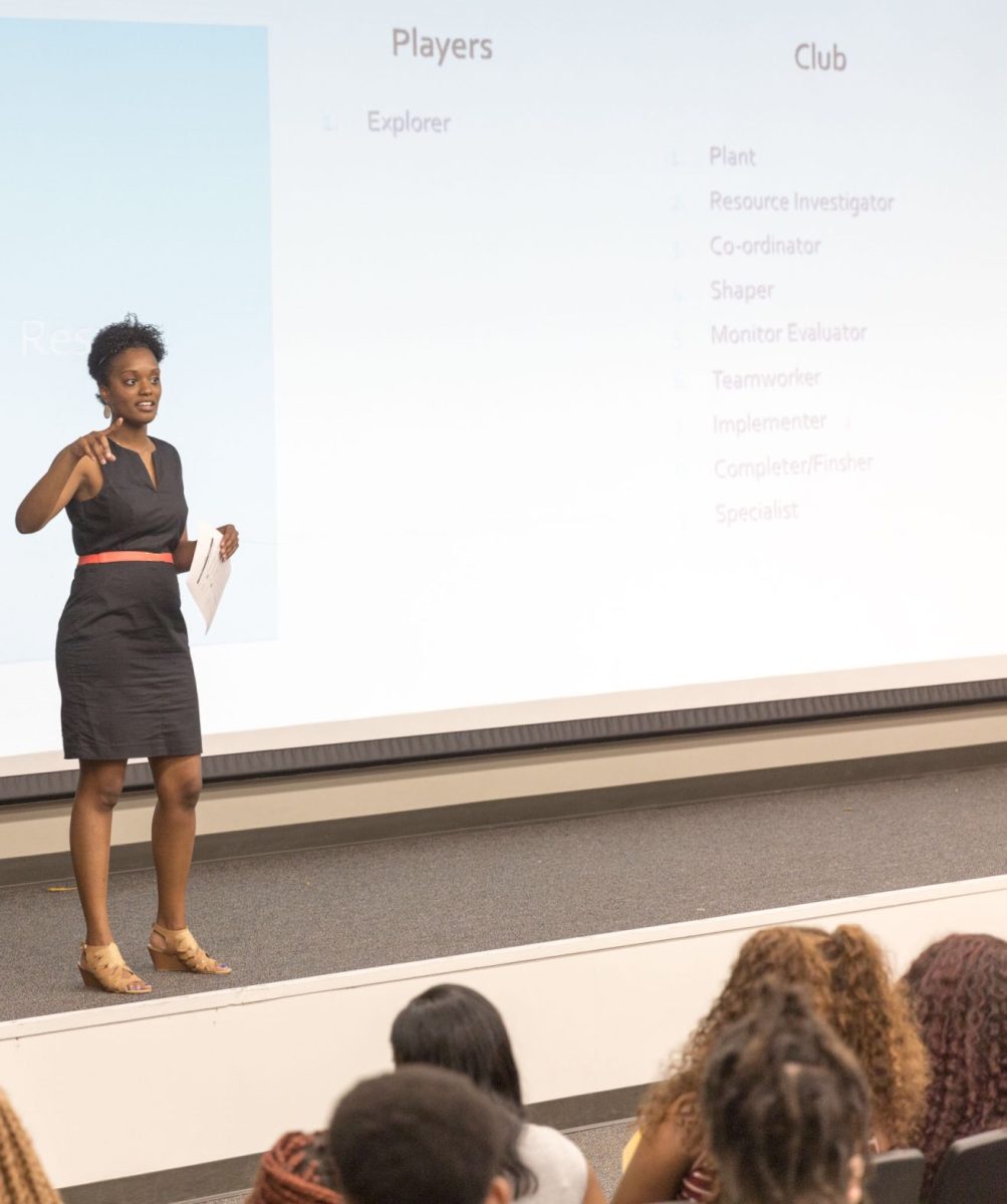 First Year Experience coordinator Sharae Celestine speaks to students &#160; about development and leadership&#160; during the SU Leads development workshop.
&#160;