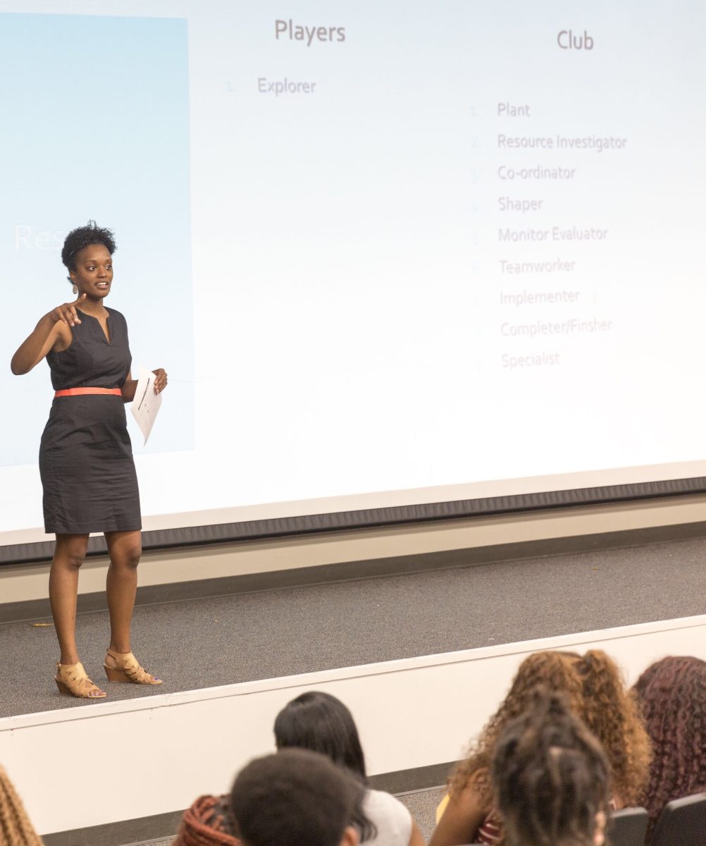 First Year Experience coordinator Sharae Celestine speaks to students &#160; about development and leadership&#160; during the SU Leads development workshop.&#160;