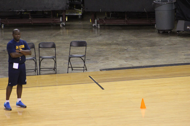 First year head coach Morris Scott looking to leave his mark during the first practice of 2017-18 season at F.G. Clark Activity Center Wednesday afternoon.