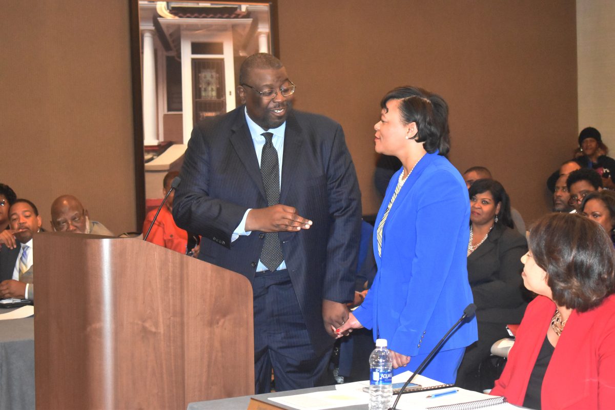 Southern University Law Center Chancellor, John K. Pierre, introducing New Orleans mayor-elect, LaToya Cantrell, at the Bayou Classic Board Meeting on Friday, November 24 in New Orleans at the Hyatt Hotel. (Arnita Dove/ DIGEST)&#160;