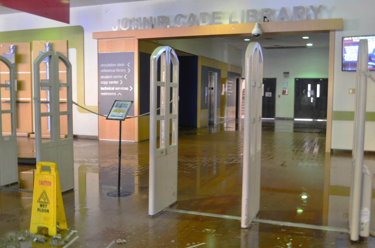 The first floor of John B. Cade Library after a ruptured pipe caused all four&#160;floors to flood. &#160;