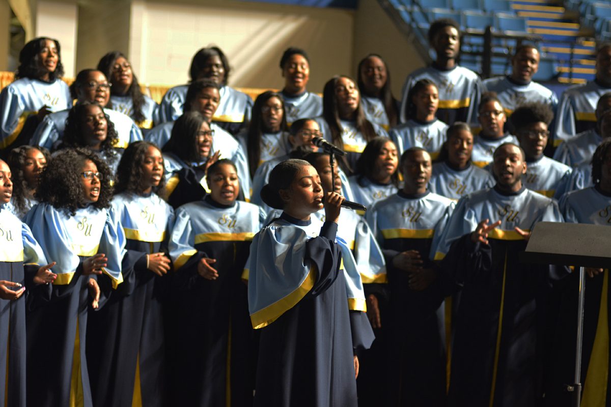 Kiera Price, senior Speech and language pathology major from Alexandria, LA and Miss SU Gospel Choir, singing a solo with the SU Gospel Choir at Convocation on Founder&#8217;s Day, March 7, 2018. (Leah Williams/DIGEST)
