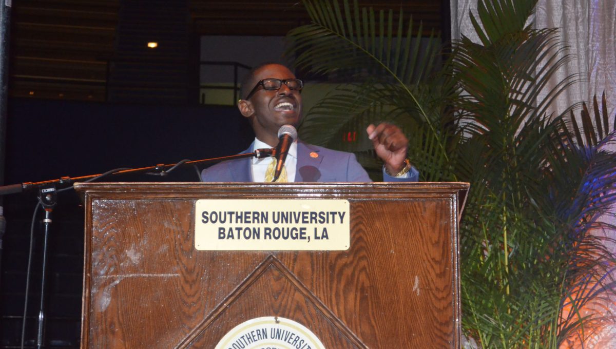 Student Goverment Assosciation President-Elect, Anthony Kenney gives a motivational speech to the student body during the &#8216;Miss Southern Revue&#8217; in The F.G. Clark Activity Center on Friday March 15, 2018.&#160;