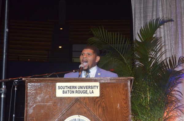 Micheal Bingham, candidate for Student Government Association President, gives his speech to the student body during the ‘Miss Southern Revue’ in The F.G. Clark Activity Center on Friday March 15, 2018. 