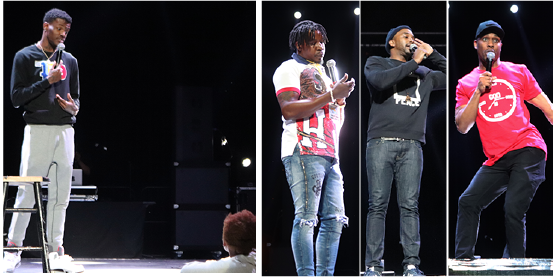 Host and headliner,comedian DC Young Fly (left), along with comedians, Pratt tha Comedian, Brandon Lewis, and Dother Sykes, entertain the crowd during the 2018 Springfest Comedy Show &amp; Student Choice Awards on Thursday, April 19 at the F.G. Clark Activity Center. (Rocelyn Hamilton/DIGEST)