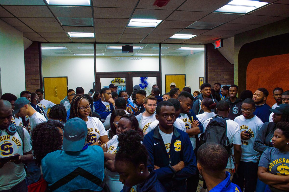 Southern University band members and students assemble outside of the monthly Board of Supervisors Meeting in the Joseph S. Clark Administration Building on Friday, April 27, 2018 (Jamilah Stith/DIGEST)