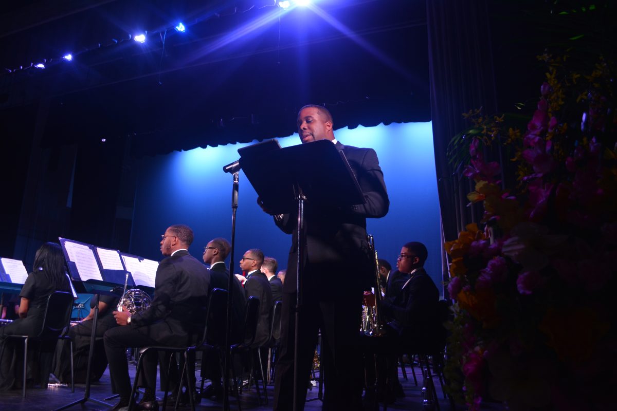 Master of Ceremony, Donovan Segura, Ph.D., introduces the Southern University Symphonic Orchestra during the President-Chancellor&#8217;s concert in Hayden Hall Theater on April 24, 2018. &#160;