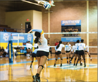 Senior, setter, Vaterra Calais serving the ball into play against Mississippi Valley State on Friday, September 21 during the 2018 SWAC Roundup. (Leah Williams/DIGEST)