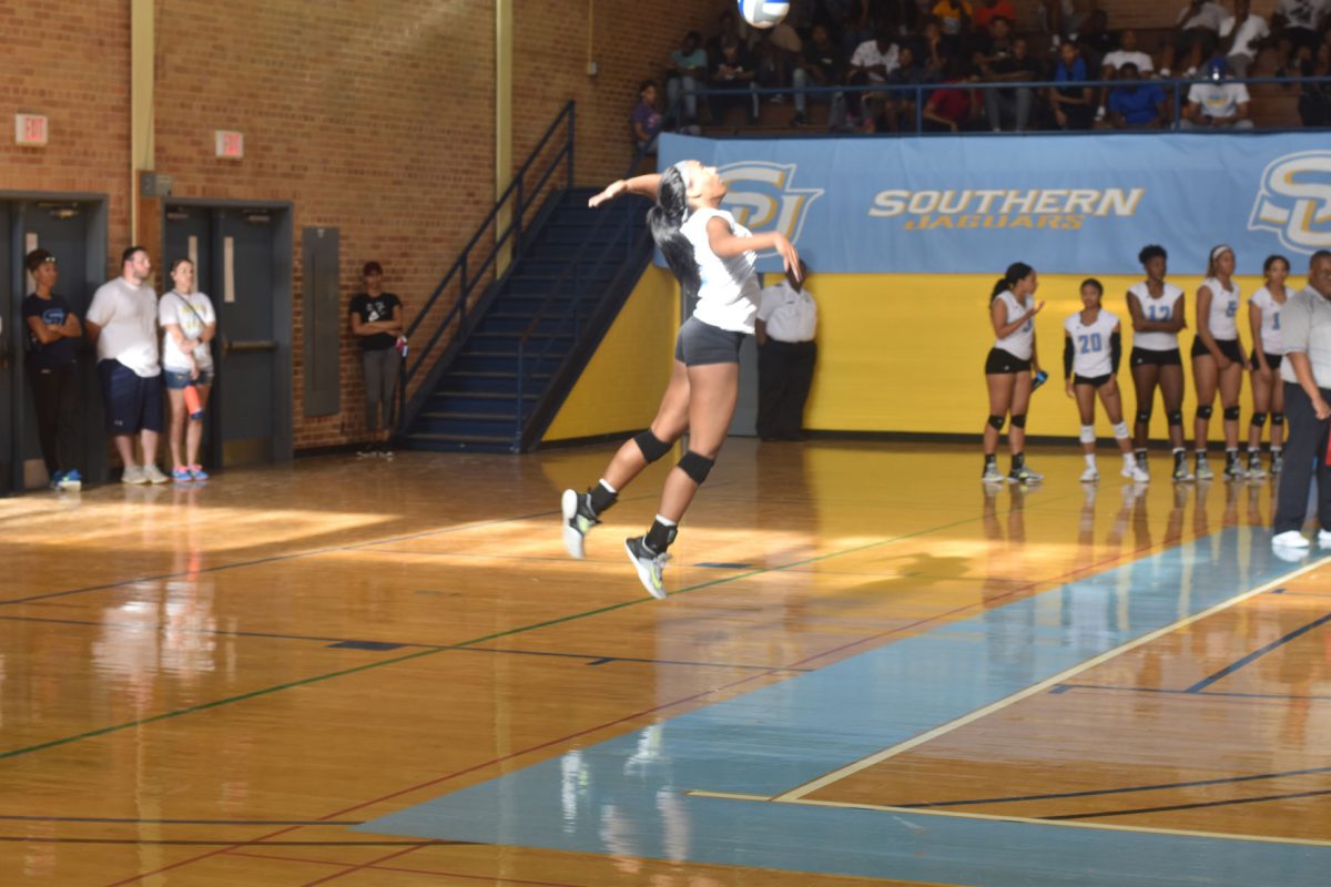 Breanna Hawkins, a sophomore computer science major from Chandler, Arizona serves the ball during Southern University&#8217;s home game against ULL at Seymour Gym on September 4, 2018. (Debrandin Brown/DIGEST)