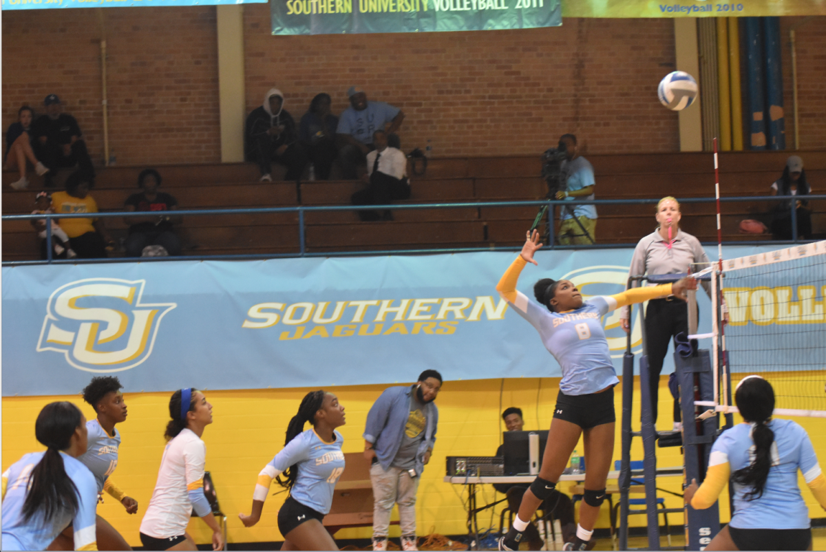 Senior, Middle Blocker, Paige Hall,&#160; deflects a shot from Texas Southern on October 28, 2018 inside Seymour Gym. (Kyndall Jones/DIGEST)