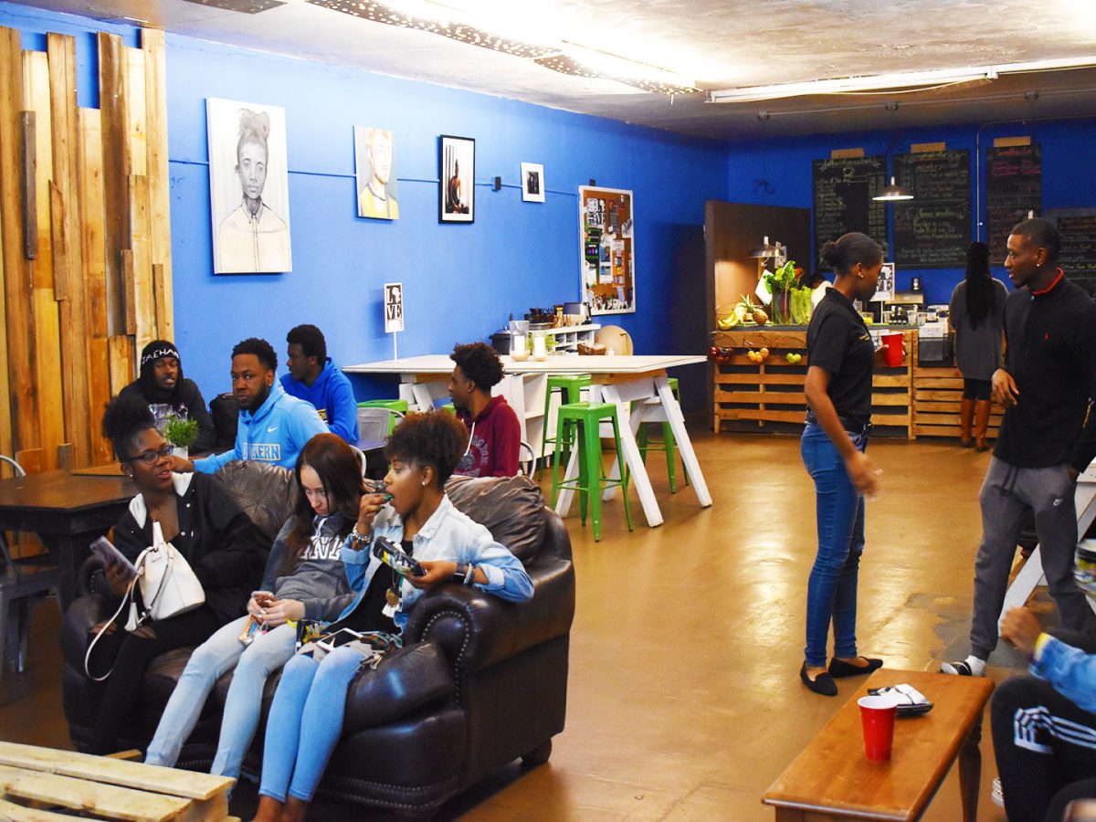 Students awaiting the start of The Hate You give During Movie Night at the Southern Grind on Thursday, February 22, 2019 (DeBrandin Brown//Digest)