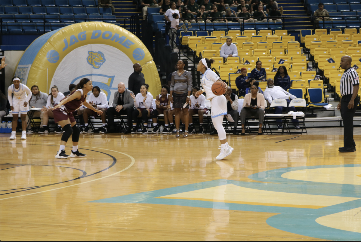 Senior guard, Danayea Charles, shuffles back to set the offense during the Jaguars matchup against Alabama A&amp;M on Saturday, February 23, inside the SU Mini Dome. (Destiny Speaks/DIGEST)&#160;