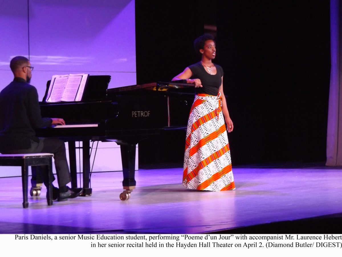 Senior Music Education major, Paris Daniels, performing &#8220;Poeme d&#8217;un Jour&#8221; with accompanist Mr. Laurence Hebert, in her senior recital held in Hayden Hall Theater on Tuesday, April 2. (Diamond Butler/DIGEST)