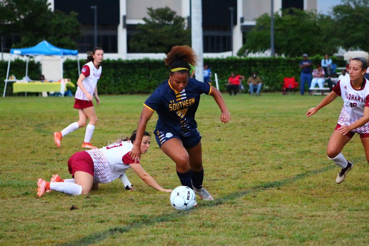 #29 Aniya Clark steals the ball from a ULM player last wednesday September 18, 2019 at the jaguar field. (Kyndall Jones/DIGEST)