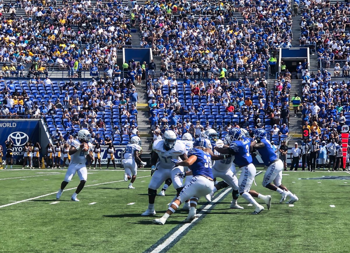 &#160;Junior, quarterback Ladarius Skelton drops back to pass during the Jaguars matchup against Memphis on Saturday, September 7 inside Liberty Bowl Stadium.