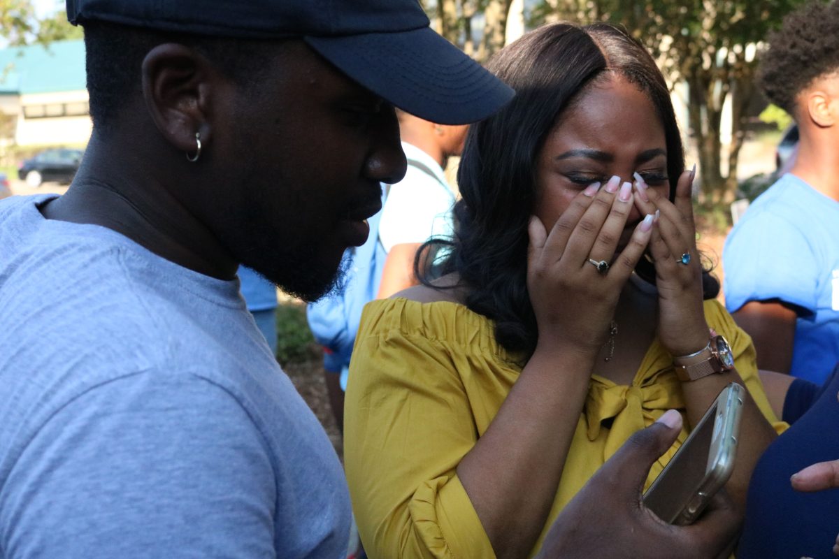 Senior agricultural economics major from Winnsboro, Desrael Dumas, cries tears of joy as she is announced as the 2019-2020 Miss Senior elect on September 13 in front of the Smith-Brown Memorial Union. &#160;(Kyndall Jones/DIGEST)