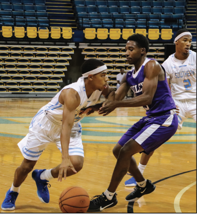 Red shirt Junior, point guard, Brendon Brooks slashes to the basket pass a defender during the Jaguars game against Wiley College on Friday, October 25 inside F.G. Clark Activity center. (Rocelyn Hamilton/DIGEST).
&#160;