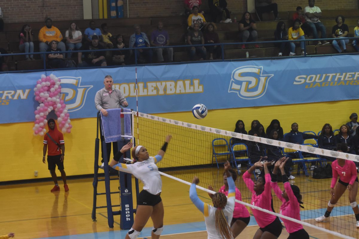 Senior, Arabella Hall, middle blocker, makes a kill in the first set of the SU vs. Grambling Volleyball game at Clifford Seymour Gym October 13 (Tiffany Williams/DIGEST)