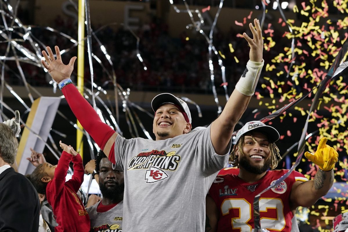 <p>Kansas City Chiefs' Patrick Mahomes, left, and Tyrann Mathieu celebrate after defeating the San Francisco 49ers in the NFL Super Bowl 54 football game Sunday, Feb. 2, 2020, in Miami Gardens, Fla. (AP Photo/David J. Phillip)</p>