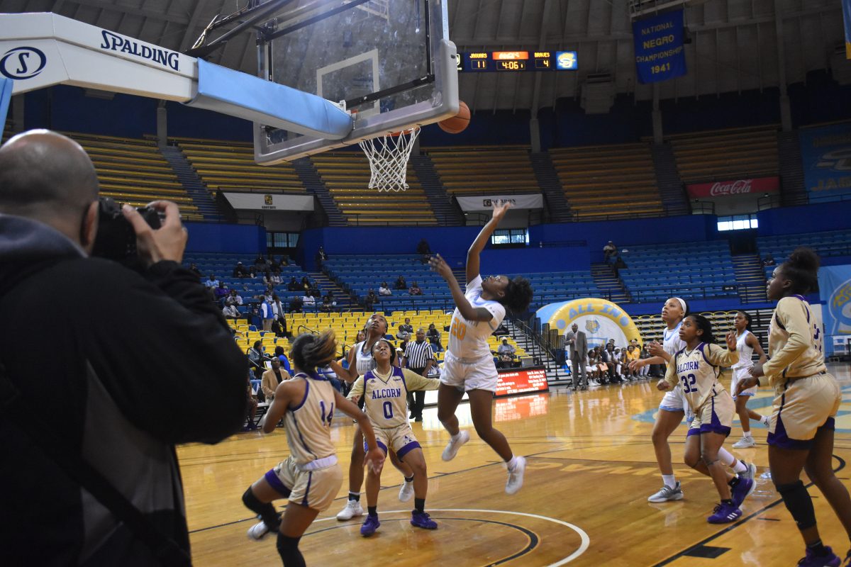 Sophomore, Guard, Amani Mcwain, makes the shot during Women&#8217;s SU vs. Alcorn game at F.G. Clark Activity Center, on Saturday, February 2. (Tiffany Williams/Digest)