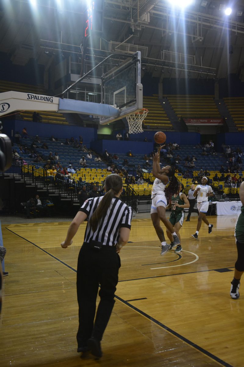 Junior, Guard, Caitlin Davis goes up for a layup in the 3 quarter of the Women&#8217;s game vs. Mississippi Valley State University on Monday, February 17 Inside the F.G. Clark Activity Center (Tiffany Williams/DIGEST).