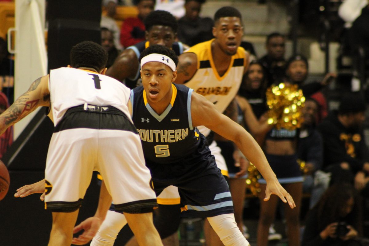 Sophomore Guard Jayden Saddler, defends Grambling State&#8217;s Ivy Smith Jr. in Saturday&#8217;s SWAC West matchup at the Fredrick C. Hobdy Assembly Center. (Courtesy of Grambling State Athletics)&#160;