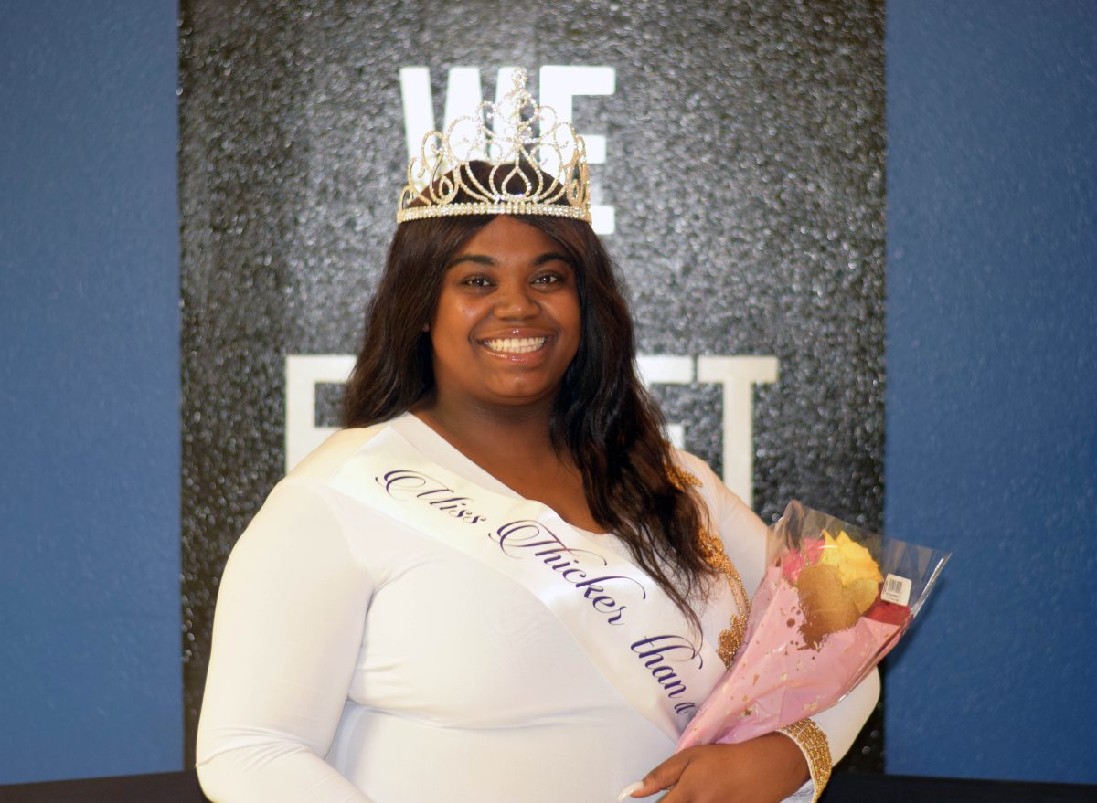 Junior, Criminal Justice major, Shayla Johnson smiles shortly after being crowned the 2021 Miss Thick than a Snicka on Thursday, February 11. (Keith Lewis/DIGEST)