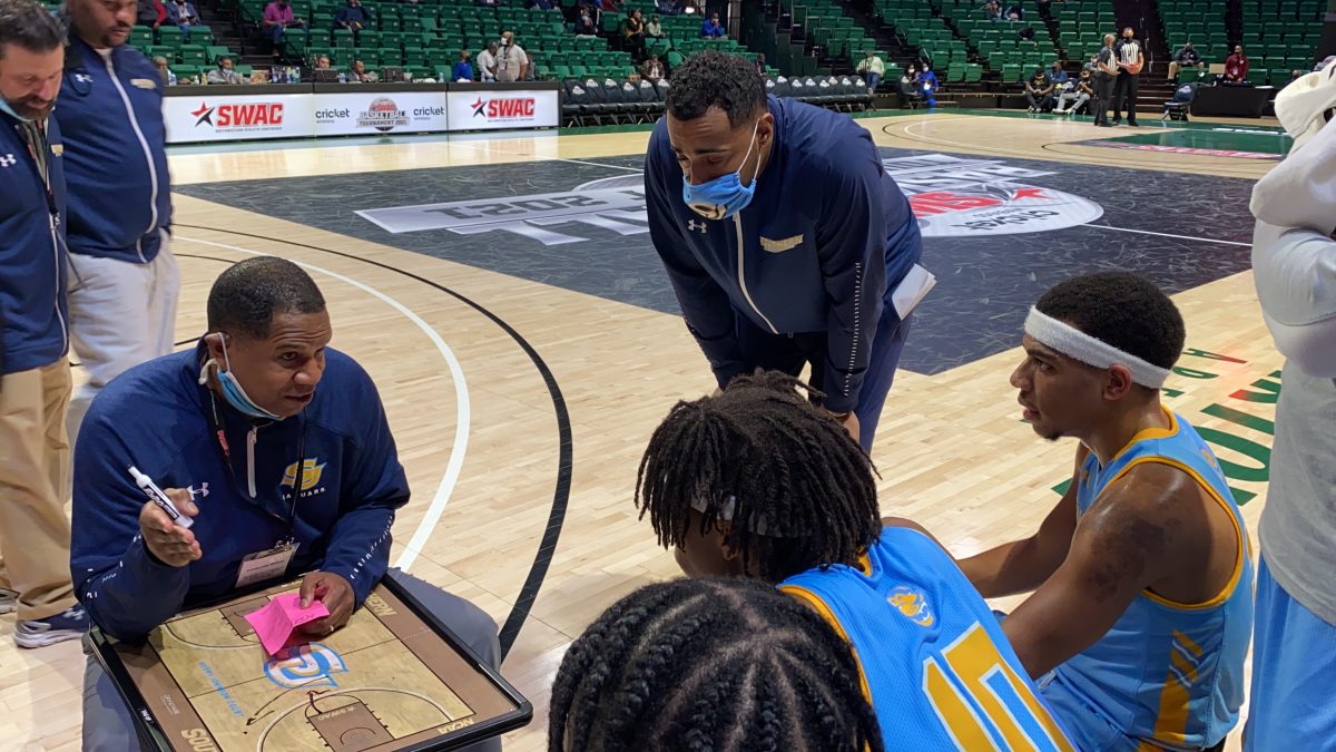 Head Coach, Sean Woods preps his team during a quick timeout during the Jaguars quarterfinal matchup against Grambling State on Thursday, March 11 in Birmingham, Alabama. (Evan Funchess/DIGEST)