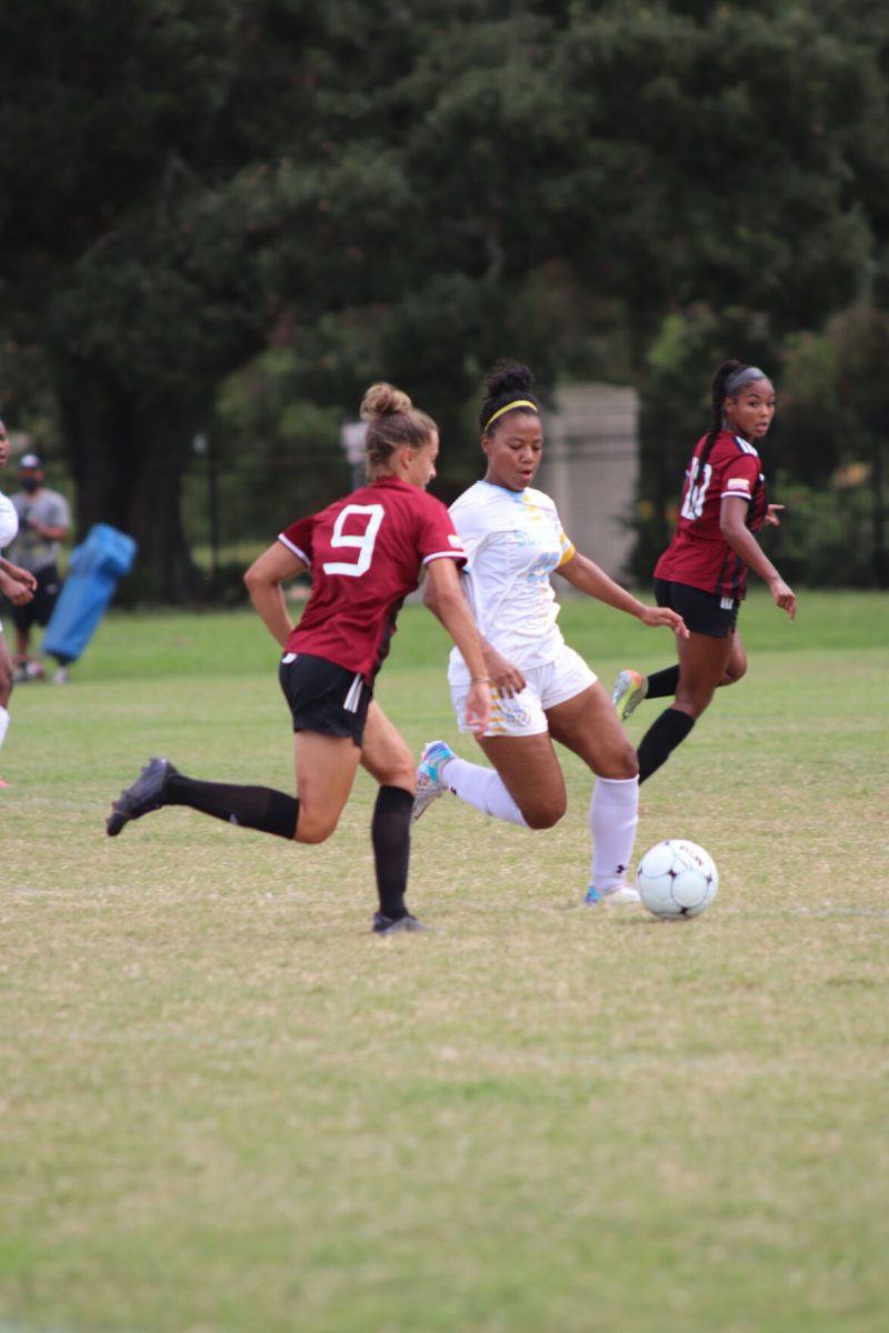 Junior, Middle Defender, Aniya Clark uses defensive skills against ULM opponent at the Women&#8217;s SU vs ULM soccer game on Sunday, September 12.