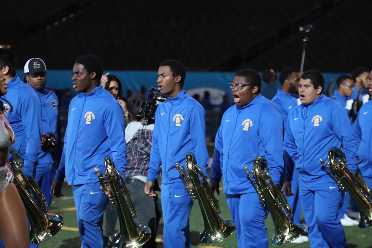 Members of the Southern University Human Jukebox prepare to do battle with Grambling State during the 2021 Battle of the Bands on Friday, November 26 inside the Caesars Superdome.&#160;