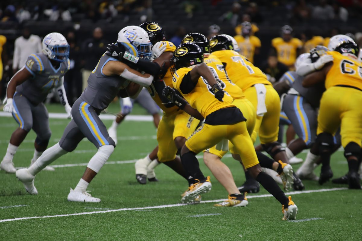 Players from Southern University and Grambling State tangle during the 48th Annual Bayou Classic on Saturday, November 26 inside the Caesars Superdome.