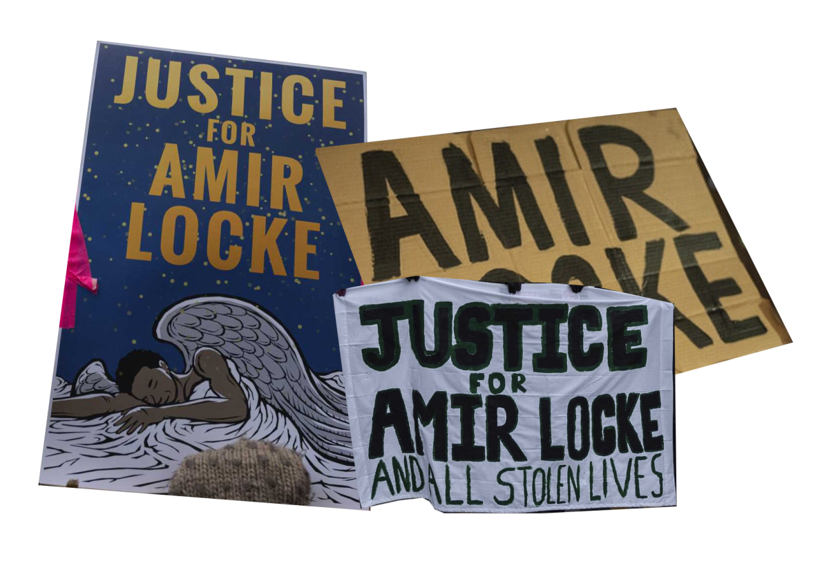 Protester signs demanding justice for Amir Locke at a rally on Saturday, Feb. 5, 2022, in Minneapolis. Hundreds of people filled the streets of downtown Minneapolis after body cam footage released by the Minneapolis Police Department. (DIGEST ART)