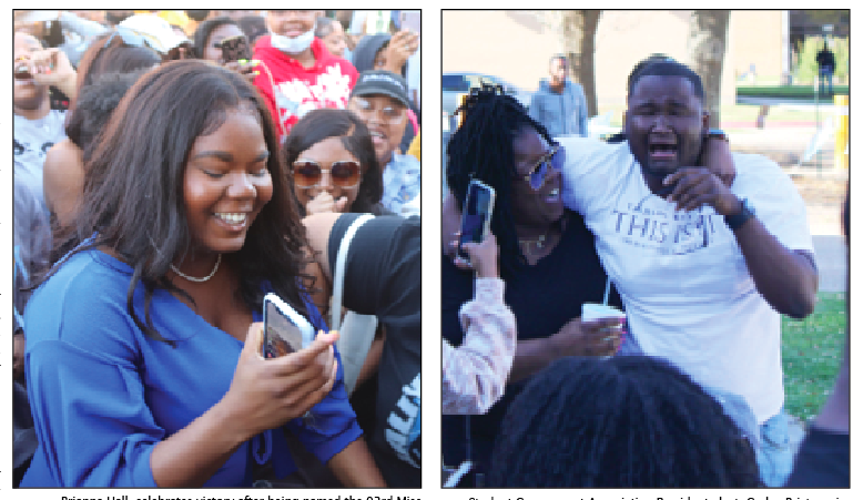 left - Brianna Hall, celebrates victory after being named the 92nd Miss Southern University elect, outside of the Smith Brown Memorial Student Union on Friday, March 25. (Issac Armstrong/DIGEST)
right -&#160;Student Government Association President-elect, Carlos Brister cries tears of joy as the results are being announced outside of the Smith Brown Memorial Student Union on Friday, March 25.&#160;(Sydney Fairbanks/DIGEST)
&#160;