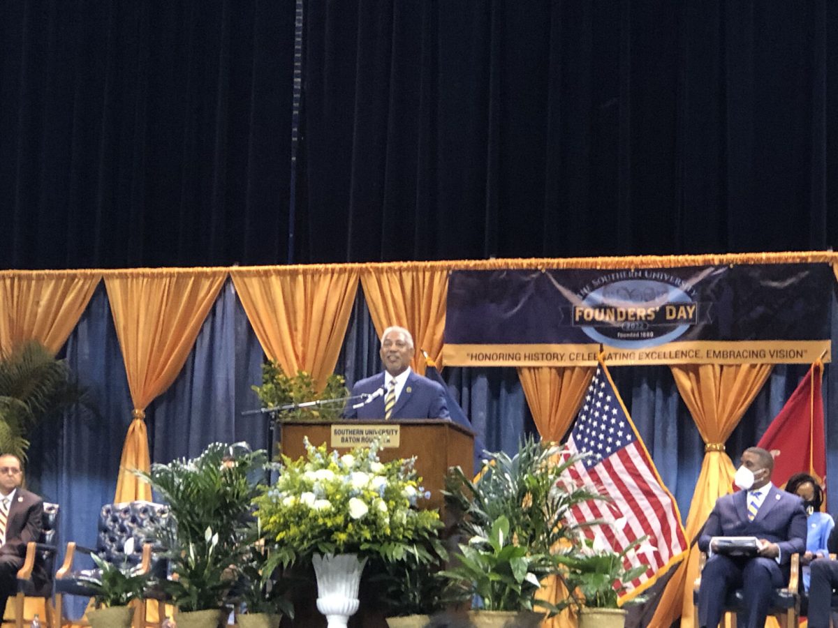 Southern University President-Chancellor Ray L. Belton brings greetings to attendees during the 2022 Founders&#8217; Day Celebration on Wednesday, March 23 inside F.G Clark Activity center.&#160;