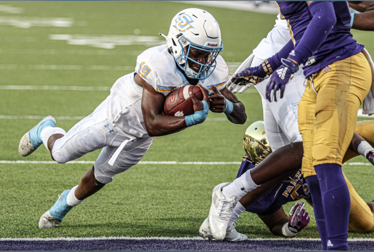 Freshman Running Back Karl Ligon dives into endzone for a touchdown against Prairie View in Saturday's SWAC West matchup, Oct. 8, 2022. (Courtesy of Eugene Johnson)